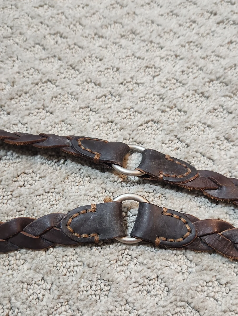 Braided Brown Leather Belt With Silver Tone Buckle & Harness Style Rings Large